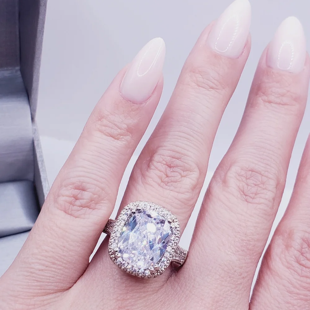 Cushion Cut White Diamond Simulants Silver Tone Pave Halo Engagement Ring